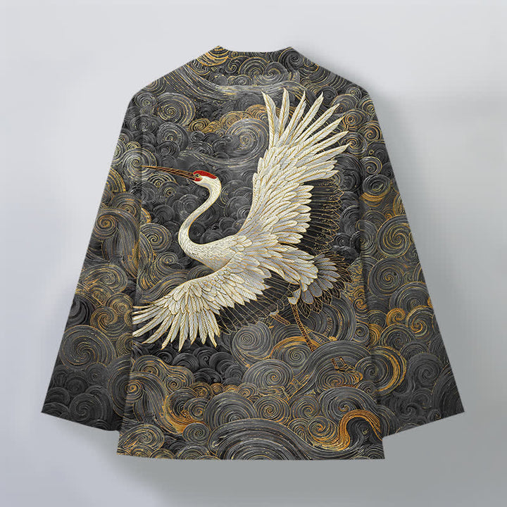 Buddha Stones Kimono pour homme à motif de grues en coton et de vagues fluides, ouvert sur le devant - image 8