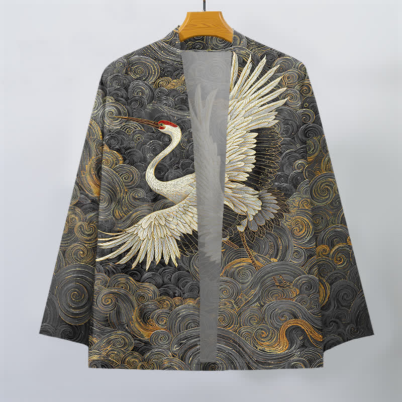 Buddha Stones Kimono pour homme à motif de grues en coton et de vagues fluides, ouvert sur le devant - image 7