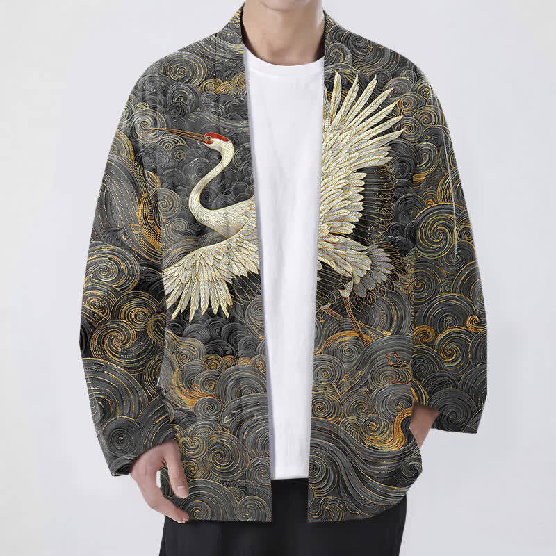 Buddha Stones Kimono pour homme à motif de grues en coton et de vagues fluides, ouvert sur le devant - Gris foncé - US/UK/AU48，EU58 (4XL) - image 6