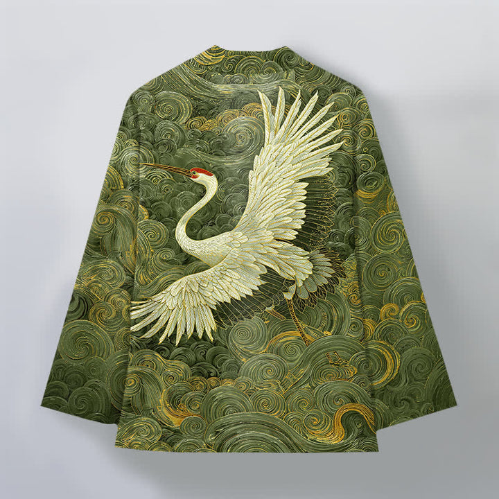 Buddha Stones Kimono pour homme à motif de grues en coton et de vagues fluides, ouvert sur le devant - image 11
