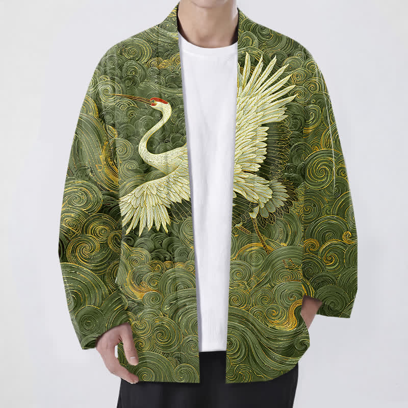 Buddha Stones Kimono pour homme à motif de grues en coton et de vagues fluides, ouvert sur le devant - Vert olive - US/UK/AU48，EU58 (4XL) - image 9