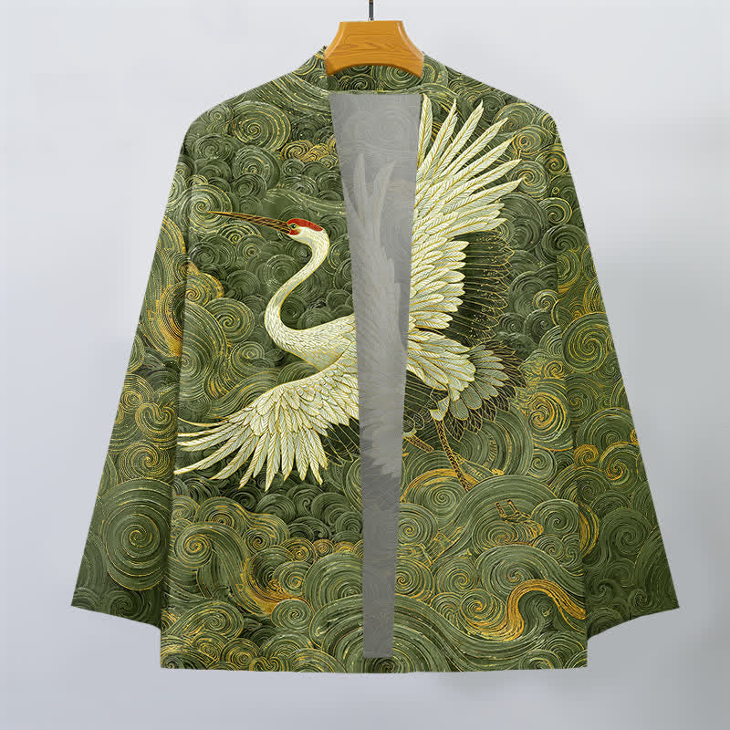 Buddha Stones Kimono pour homme à motif de grues en coton et de vagues fluides, ouvert sur le devant - image 10