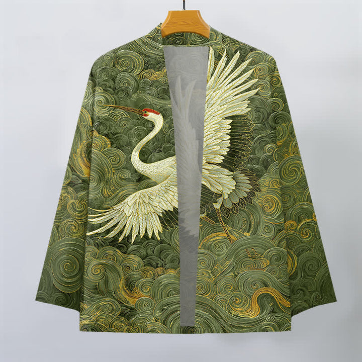Buddha Stones Kimono pour homme à motif de grues en coton et de vagues fluides, ouvert sur le devant - image 10