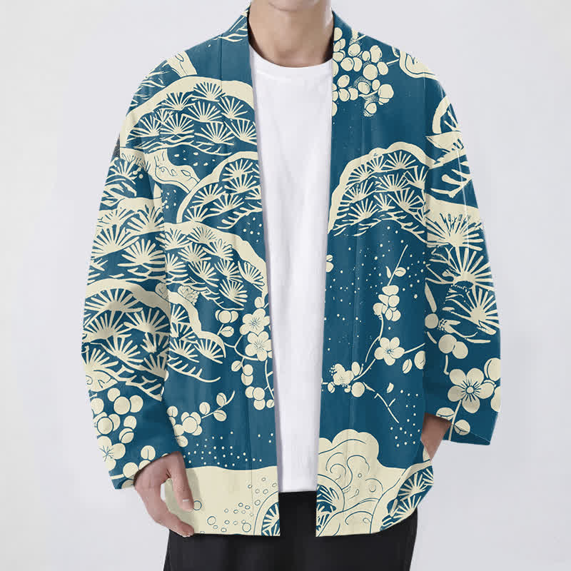 Buddha Stones Kimono ouvert pour homme en coton, pin et fleurs de prunier - Sarcelle - US/UK/AU48，EU58 (4XL) - image 0