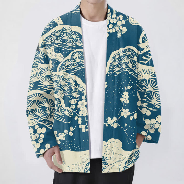 Buddha Stones Kimono ouvert pour homme en coton, pin et fleurs de prunier - Sarcelle - US/UK/AU48，EU58 (4XL) - image 0