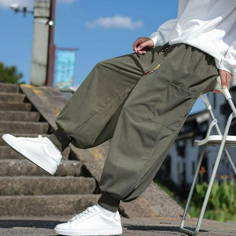 Buddha Stones Pantalon homme décontracté automne-hiver à cordon de serrage et poches plaquées, coupe fuselée, avec poches. - Vert olive - US/UK/AU46，EU56 (5XL) - image 0