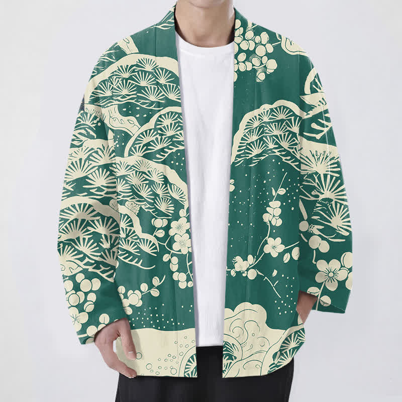 Buddha Stones Kimono ouvert pour homme en coton, pin et fleurs de prunier - Vert d'eau - US/UK/AU48，EU58 (4XL) - image 6