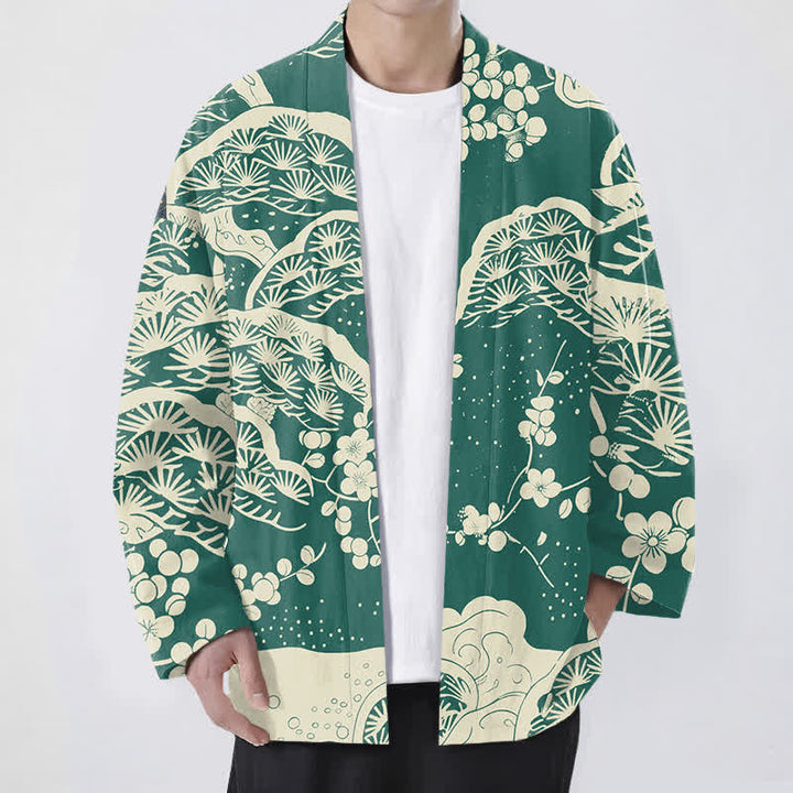 Buddha Stones Kimono ouvert pour homme en coton, pin et fleurs de prunier - Vert d'eau - US/UK/AU48，EU58 (4XL) - image 6