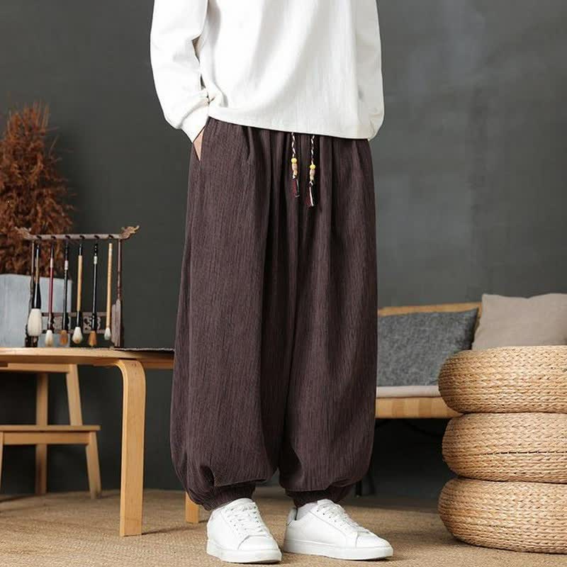 Buddha Stones Pantalon harem homme décontracté d'automne, style vintage, à cordon de serrage, avec poches - image 1