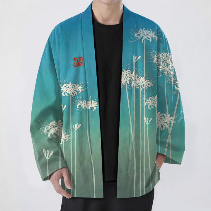 Buddha Stones Kimono pour homme en coton blanc à motif de lys araignée, ouvert sur le devant - Turquoise moyen - US/UK/AU48，EU58 (4XL) - image 0