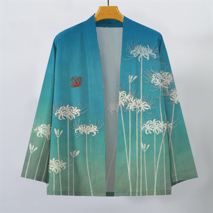 Buddha Stones Kimono pour homme en coton blanc à motif de lys araignée, ouvert sur le devant - image 1