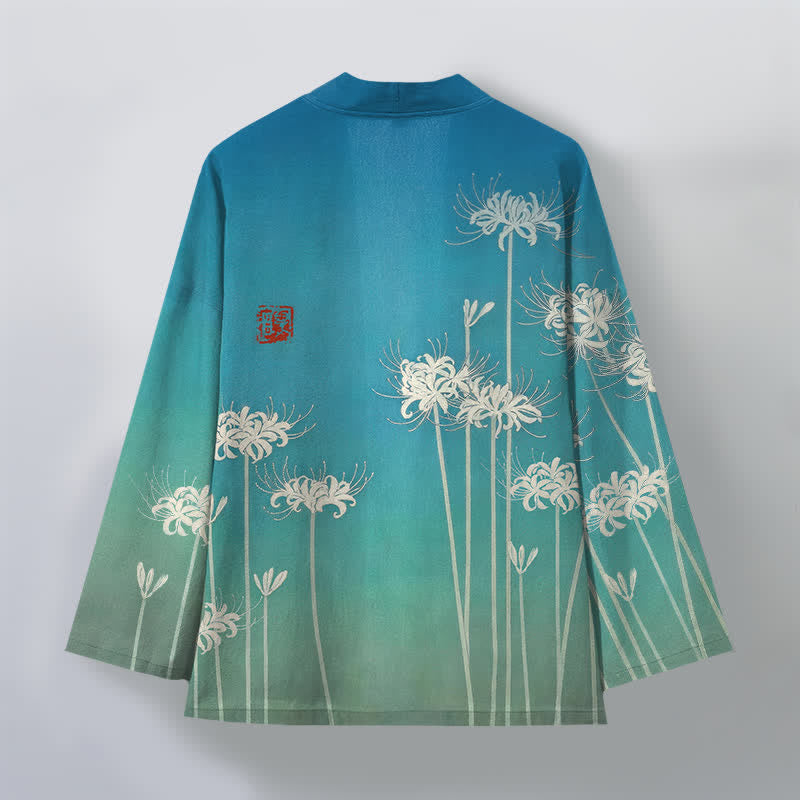 Buddha Stones Kimono pour homme en coton blanc à motif de lys araignée, ouvert sur le devant - image 2