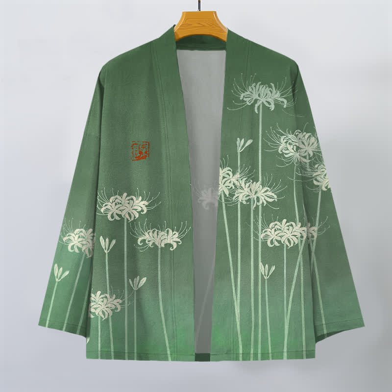 Buddha Stones Kimono pour homme en coton blanc à motif de lys araignée, ouvert sur le devant - image 7