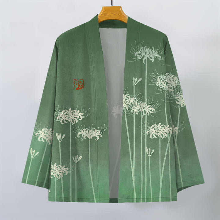 Buddha Stones Kimono pour homme en coton blanc à motif de lys araignée, ouvert sur le devant - image 7