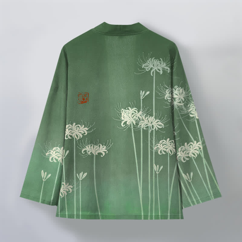 Buddha Stones Kimono pour homme en coton blanc à motif de lys araignée, ouvert sur le devant - image 8