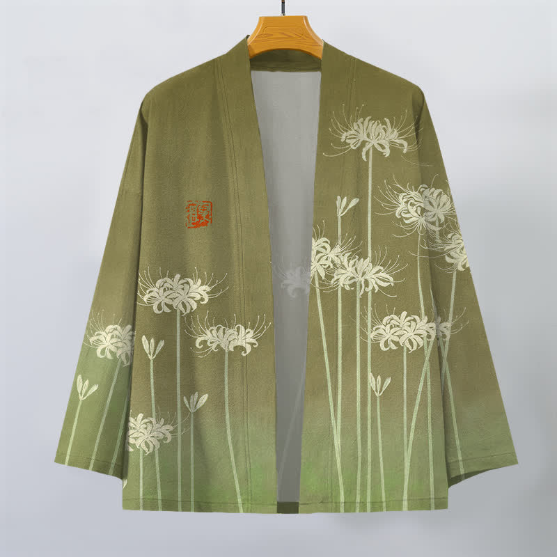 Buddha Stones Kimono pour homme en coton blanc à motif de lys araignée, ouvert sur le devant - image 10