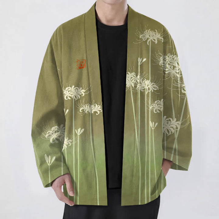 Buddha Stones Kimono pour homme en coton blanc à motif de lys araignée, ouvert sur le devant - Olive - US/UK/AU48，EU58 (4XL) - image 9