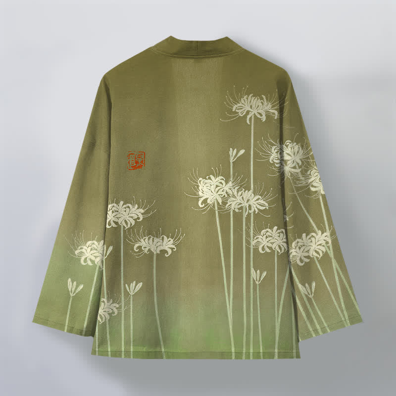 Buddha Stones Kimono pour homme en coton blanc à motif de lys araignée, ouvert sur le devant - image 11