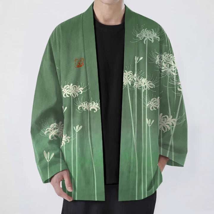 Buddha Stones Kimono pour homme en coton blanc à motif de lys araignée, ouvert sur le devant - Vert forêt - US/UK/AU48，EU58 (4XL) - image 6