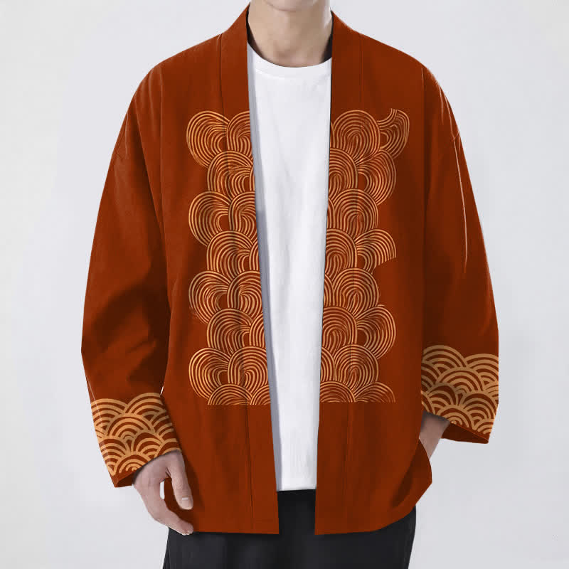 Buddha Stones Kimono pour homme en coton à motif de vagues en croissant, ouvert sur le devant - Terre de sienne - US/UK/AU48，EU58 (4XL) - image 0