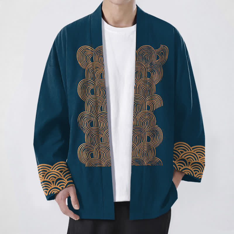Buddha Stones Kimono pour homme en coton à motif de vagues en croissant, ouvert sur le devant - Sarcelle - US/UK/AU48，EU58 (4XL) - image 6