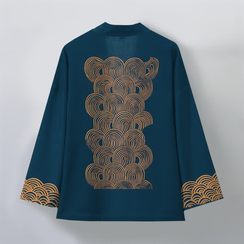 Buddha Stones Kimono pour homme en coton à motif de vagues en croissant, ouvert sur le devant - image 8