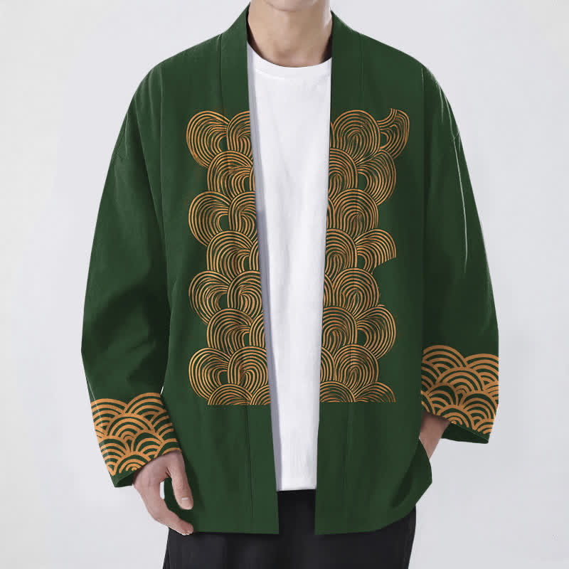 Buddha Stones Kimono pour homme en coton à motif de vagues en croissant, ouvert sur le devant - Vert foncé - US/UK/AU48，EU58 (4XL) - image 9