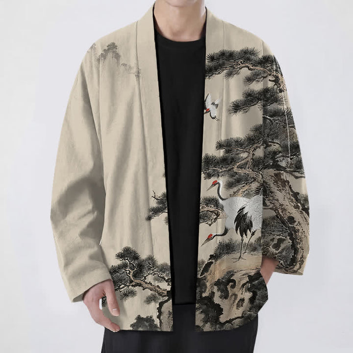 Buddha Stones Kimono pour homme à motif d'encre de grue et de coton, ouvert sur le devant - Beige - US/UK/AU48，EU58 (4XL) - image 0