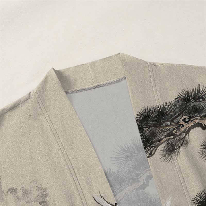 Buddha Stones Kimono pour homme à motif d'encre de grue et de coton, ouvert sur le devant - image 3