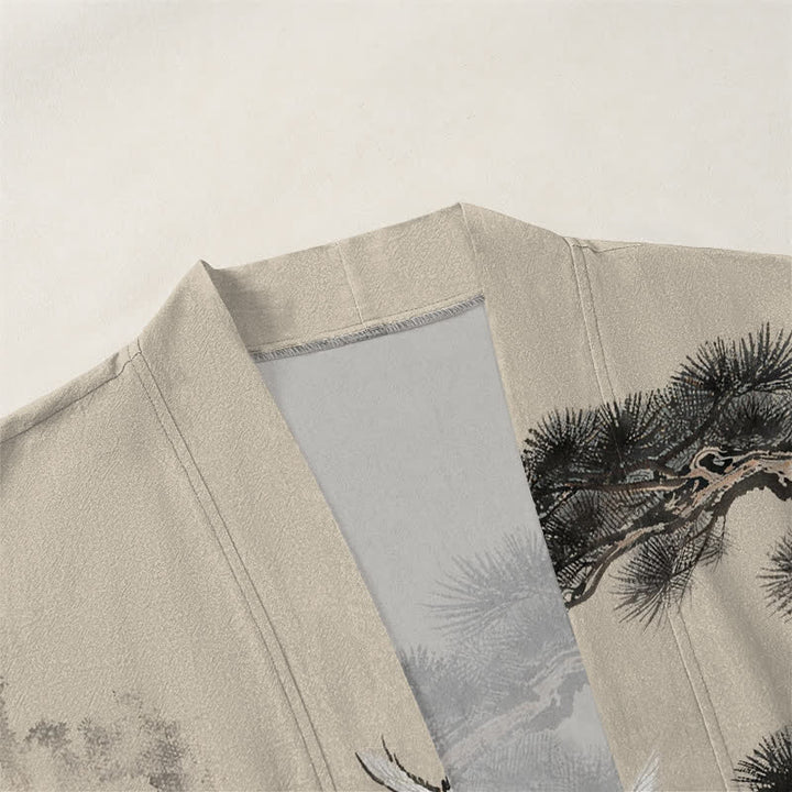 Buddha Stones Kimono pour homme à motif d'encre de grue et de coton, ouvert sur le devant - image 3