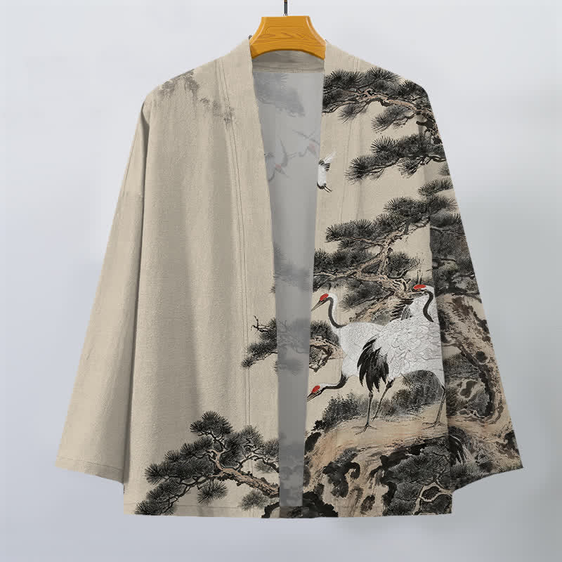 Buddha Stones Kimono pour homme à motif d'encre de grue et de coton, ouvert sur le devant - image 1