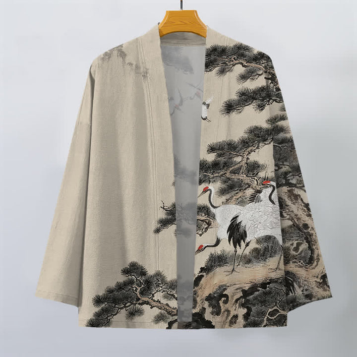 Buddha Stones Kimono pour homme à motif d'encre de grue et de coton, ouvert sur le devant - image 1
