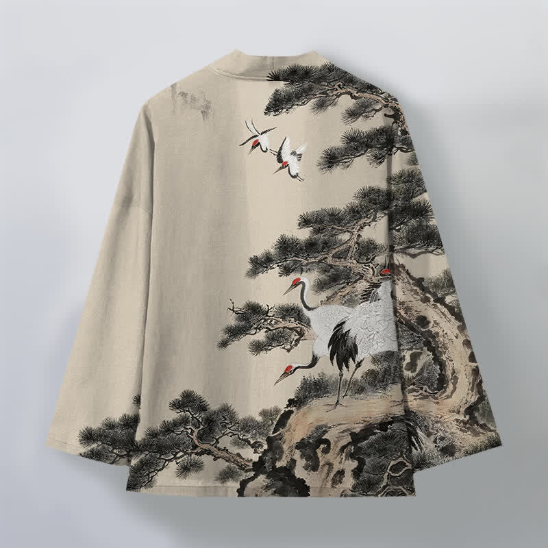 Buddha Stones Kimono pour homme à motif d'encre de grue et de coton, ouvert sur le devant - image 2