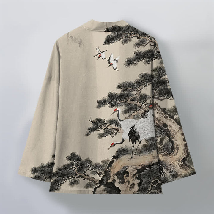 Buddha Stones Kimono pour homme à motif d'encre de grue et de coton, ouvert sur le devant - image 2