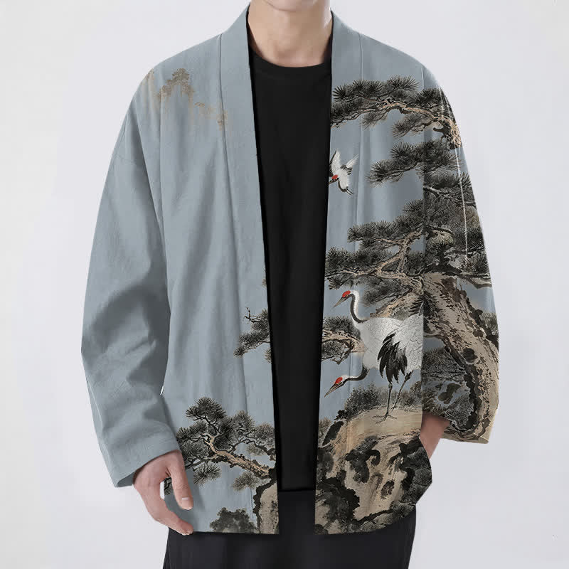 Buddha Stones Kimono pour homme à motif d'encre de grue et de coton, ouvert sur le devant - Bleu acier clair - US/UK/AU48，EU58 (4XL) - image 6