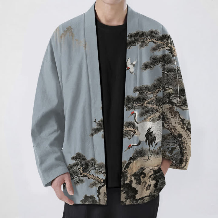 Buddha Stones Kimono pour homme à motif d'encre de grue et de coton, ouvert sur le devant - Bleu acier clair - US/UK/AU48，EU58 (4XL) - image 6