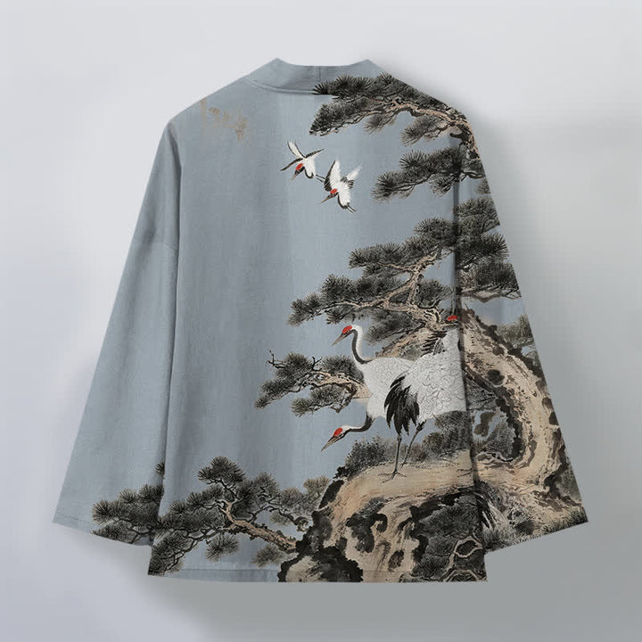 Buddha Stones Kimono pour homme à motif d'encre de grue et de coton, ouvert sur le devant - image 8