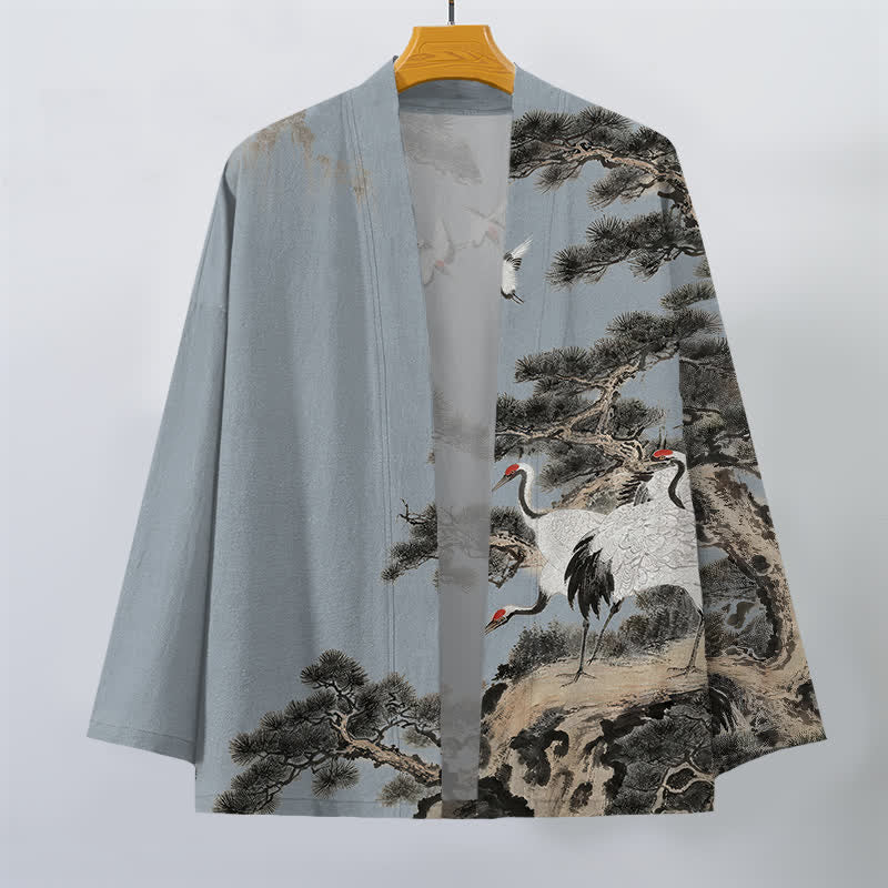 Buddha Stones Kimono pour homme à motif d'encre de grue et de coton, ouvert sur le devant - image 7