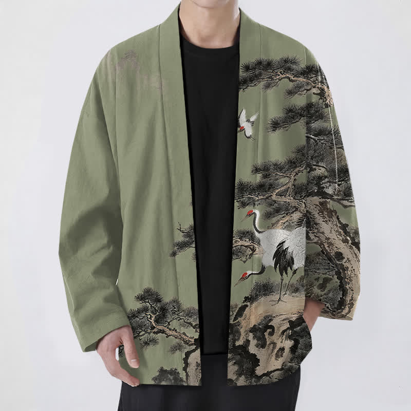 Buddha Stones Kimono pour homme à motif d'encre de grue et de coton, ouvert sur le devant - Vert olive - US/UK/AU48，EU58 (4XL) - image 9
