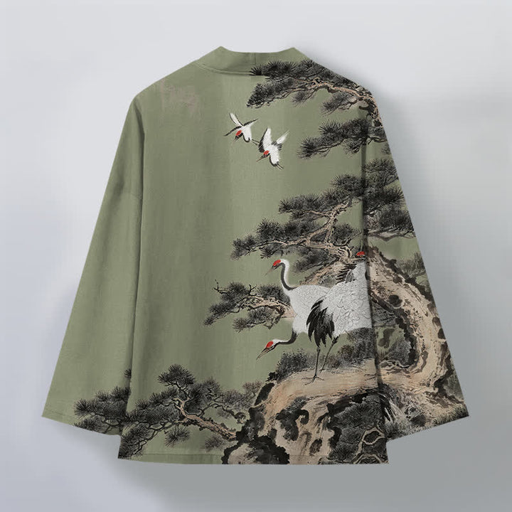 Buddha Stones Kimono pour homme à motif d'encre de grue et de coton, ouvert sur le devant - image 11