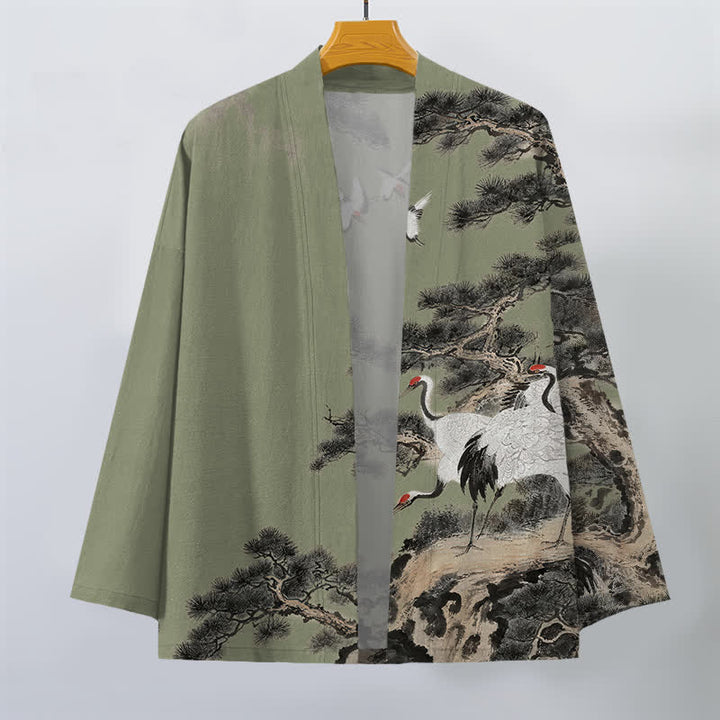 Buddha Stones Kimono pour homme à motif d'encre de grue et de coton, ouvert sur le devant - image 10