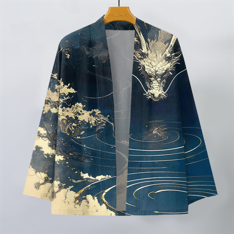Buddha Stones Kimono pour homme en coton à motif de vagues et de nuages ​​de dragon doré, ouvert sur le devant - image 1