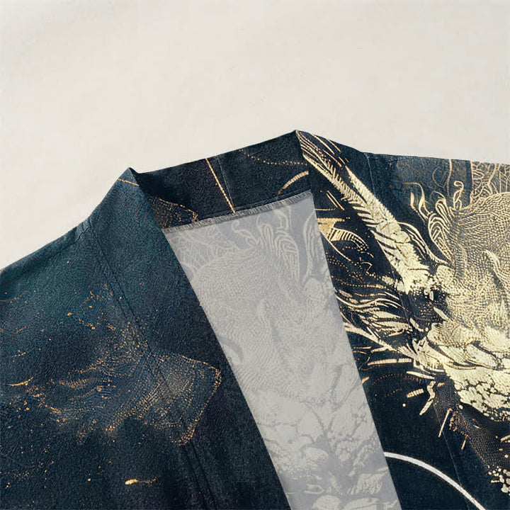 Buddha Stones Kimono pour homme en coton à motif de vagues et de nuages ​​de dragon doré, ouvert sur le devant - image 3