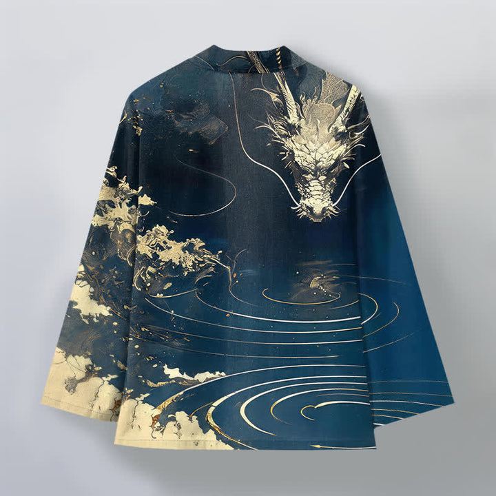 Buddha Stones Kimono pour homme en coton à motif de vagues et de nuages ​​de dragon doré, ouvert sur le devant - image 2