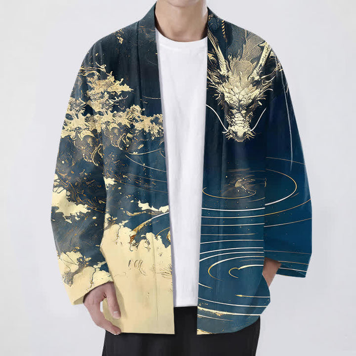 Buddha Stones Kimono pour homme en coton à motif de vagues et de nuages ​​de dragon doré, ouvert sur le devant - Marine - US/UK/AU48，EU58 (4XL) - image 0