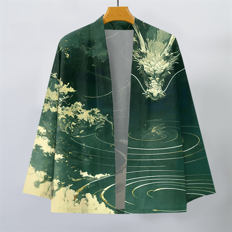 Buddha Stones Kimono pour homme en coton à motif de vagues et de nuages ​​de dragon doré, ouvert sur le devant - image 7