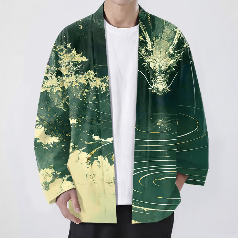 Buddha Stones Kimono pour homme en coton à motif de vagues et de nuages ​​de dragon doré, ouvert sur le devant - Vert foncé - US/UK/AU48，EU58 (4XL) - image 6