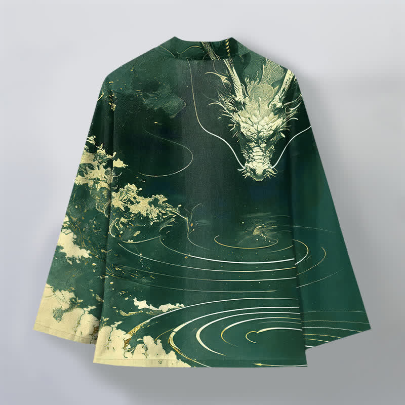 Buddha Stones Kimono pour homme en coton à motif de vagues et de nuages ​​de dragon doré, ouvert sur le devant - image 8