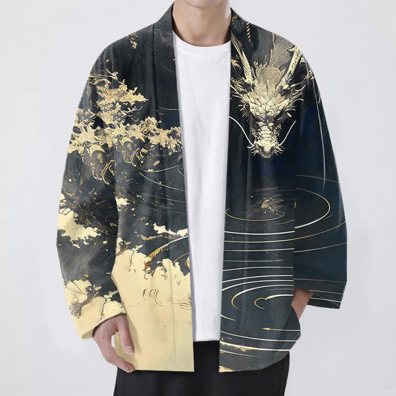 Buddha Stones Kimono pour homme en coton à motif de vagues et de nuages ​​de dragon doré, ouvert sur le devant - Noir - US/UK/AU48，EU58 (4XL) - image 9
