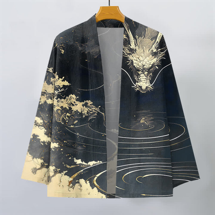 Buddha Stones Kimono pour homme en coton à motif de vagues et de nuages ​​de dragon doré, ouvert sur le devant - image 10